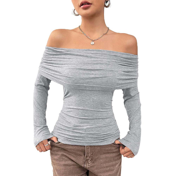 Damen eng anliegendes Off-Shoulder Rippstrick-Longsleeve mit gerafftem Wasserfall-Ausschnitt und Daumenloch – Avérine