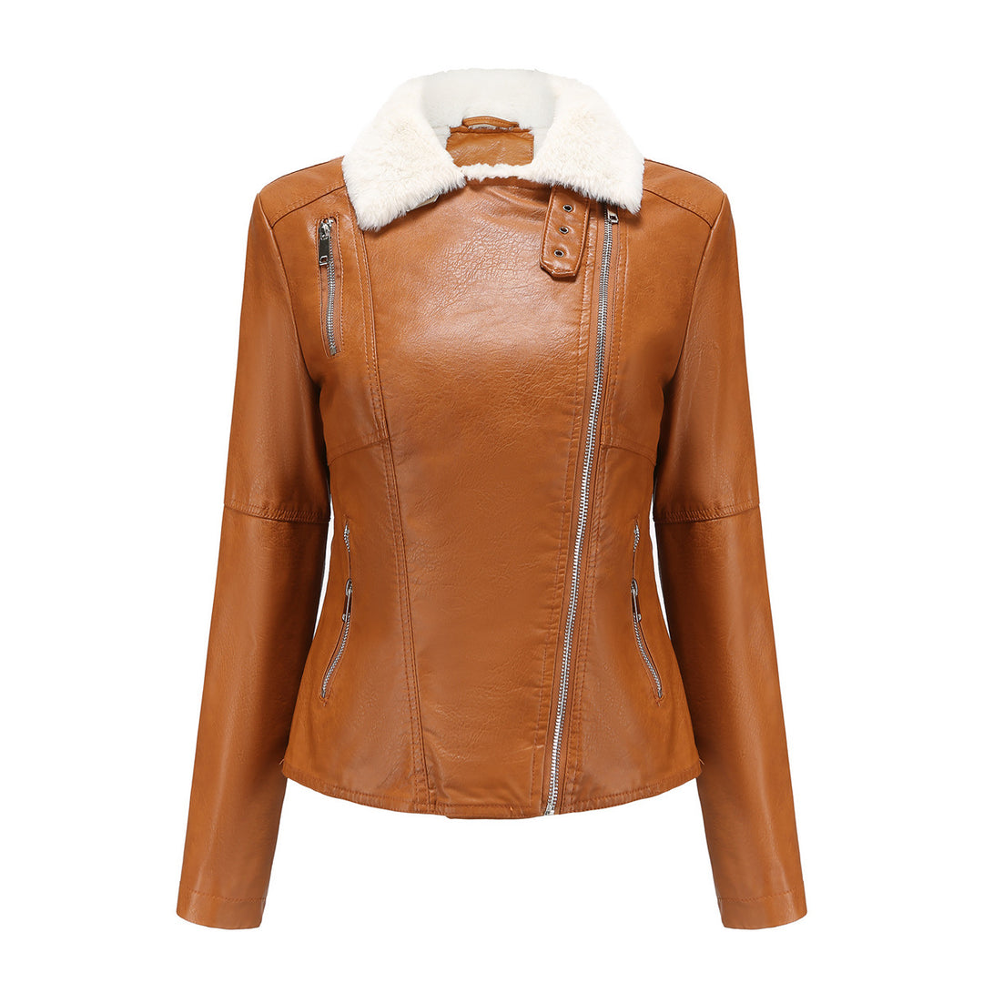 Damen nan taillierte Kunstleder-Bikerjacke mit abnehmbarem Kunstfellkragen und schrägem Reißverschluss Echo Archiv