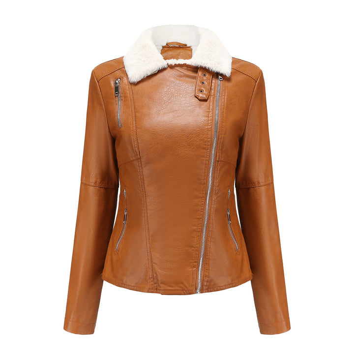 Damen nan taillierte Kunstleder-Bikerjacke mit abnehmbarem Kunstfellkragen und schrägem Reißverschluss Echo Archiv