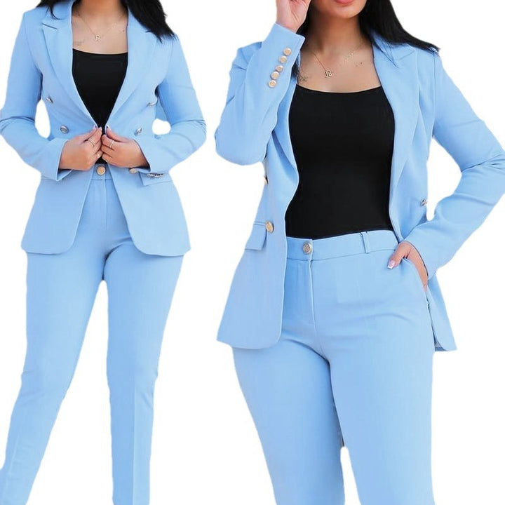 Damen nan tailliertes Business-Hosenanzug-Set mit doppelreihigem Reversblazer und schmal zulaufender Bundhose Echo Archiv