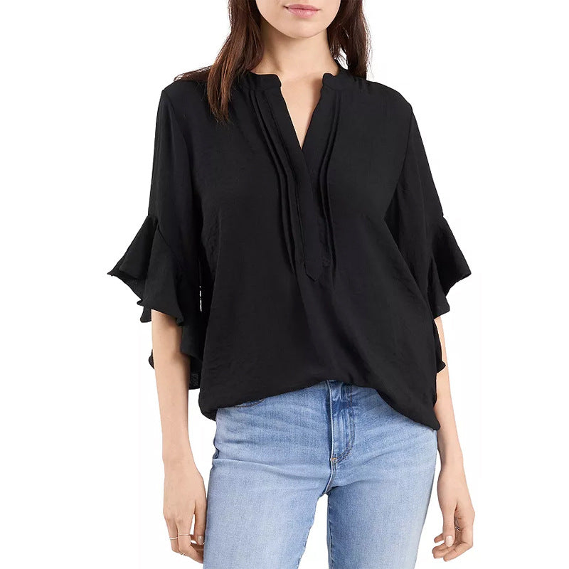 Damen Rüschen-Bluse mit V-Schlitz, lockerem Schnitt und Trompetenärmeln – Avérine