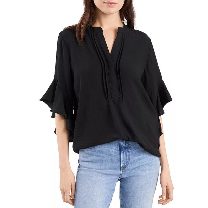 Damen Rüschen-Bluse mit V-Schlitz, lockerem Schnitt und Trompetenärmeln – Avérine
