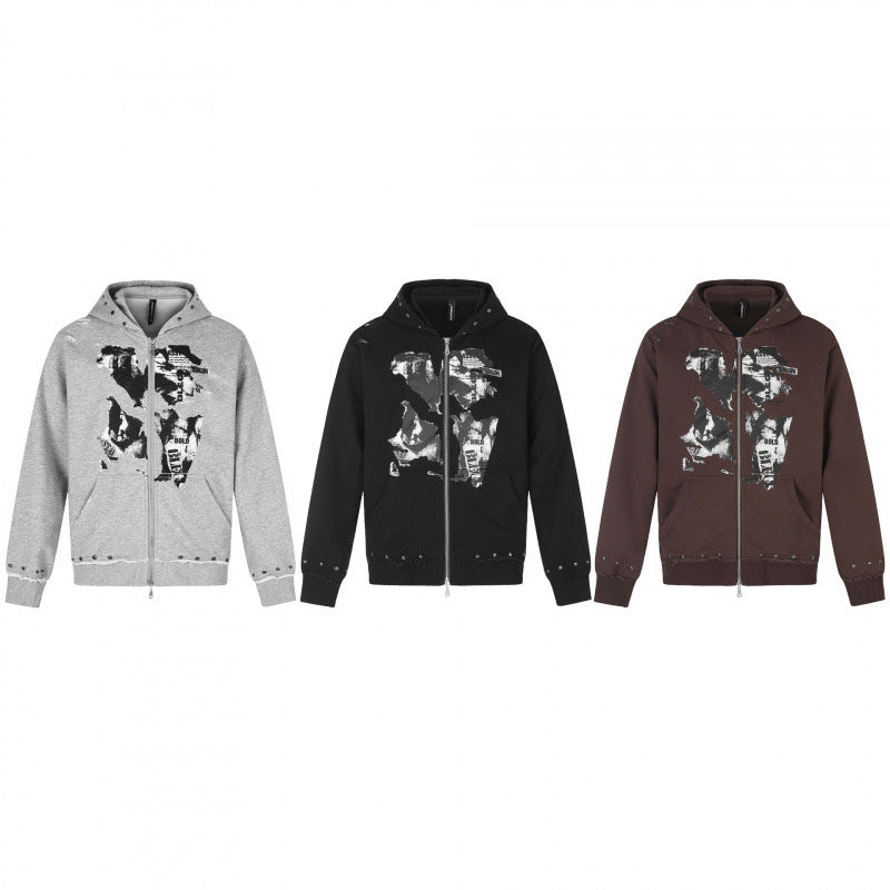 [Herren] Kapuzensweatjacke mit durchgehendem Reißverschluss, Vintage‑Print und Nietenbesatz Echo Archiv