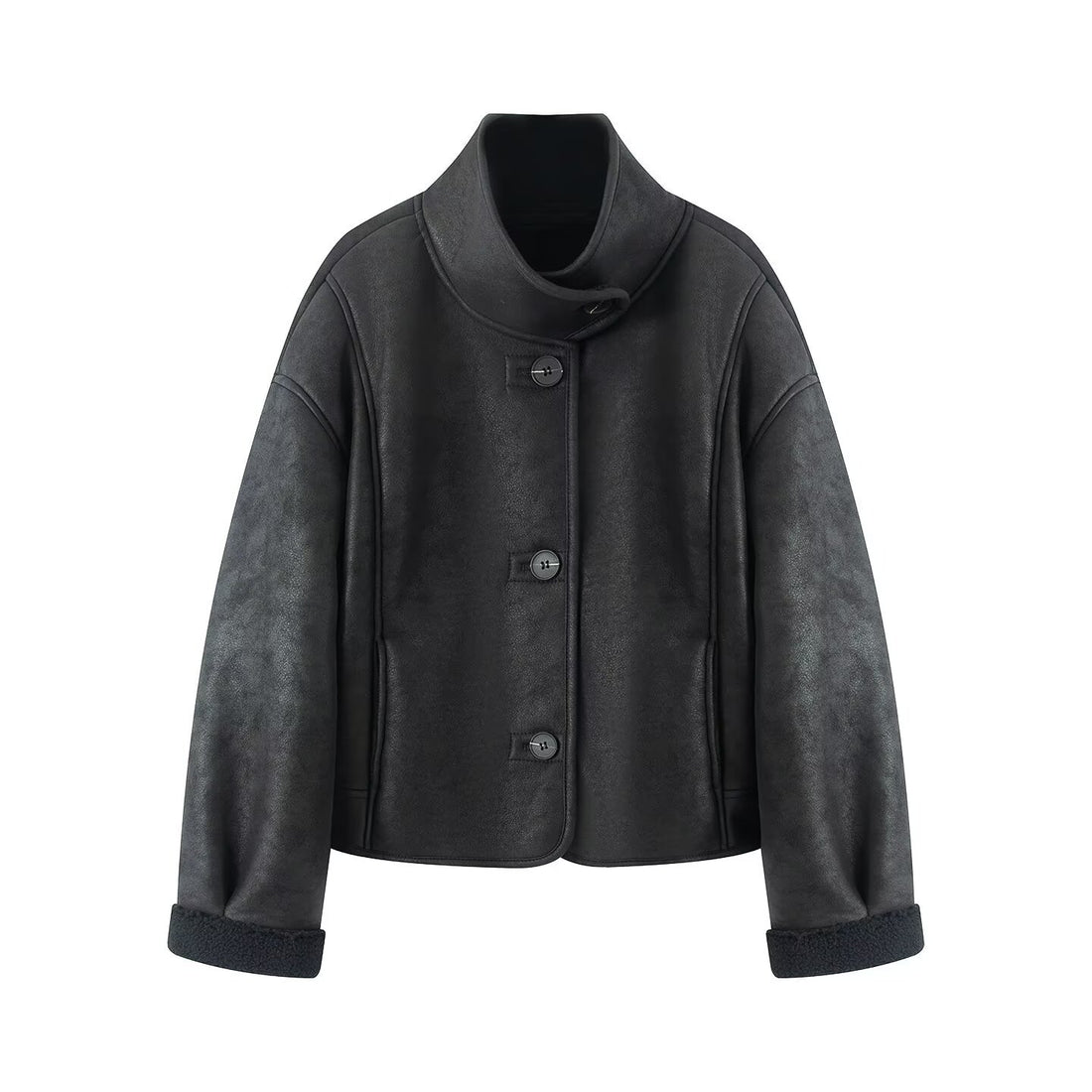 Damen Kurze Lammfelloptik-Jacke mit Stehkragen und Knopfleiste Echoarchiv