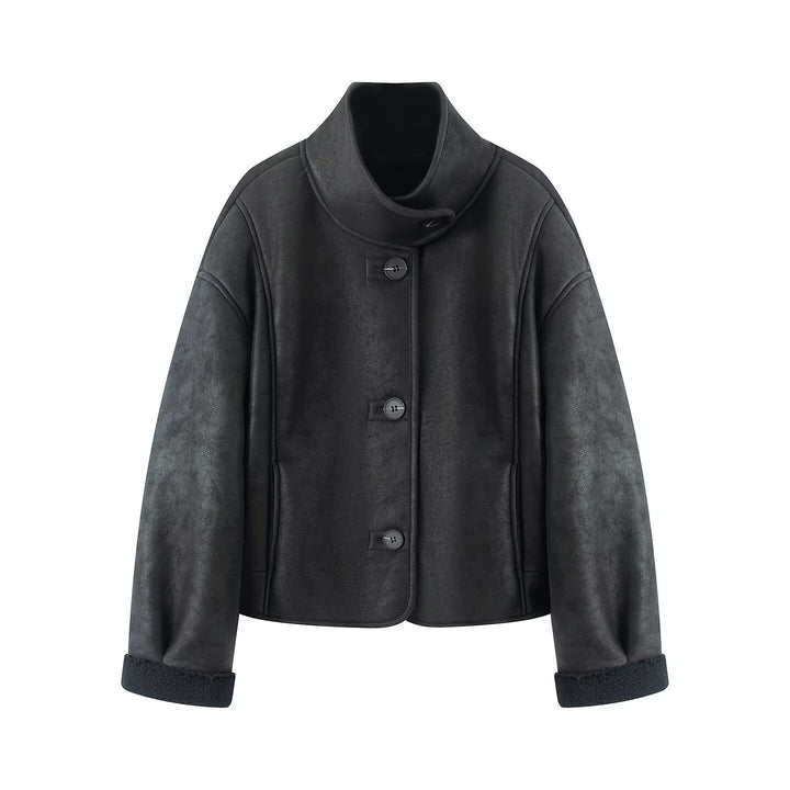 Damen Kurze Lammfelloptik-Jacke mit Stehkragen und Knopfleiste Echoarchiv