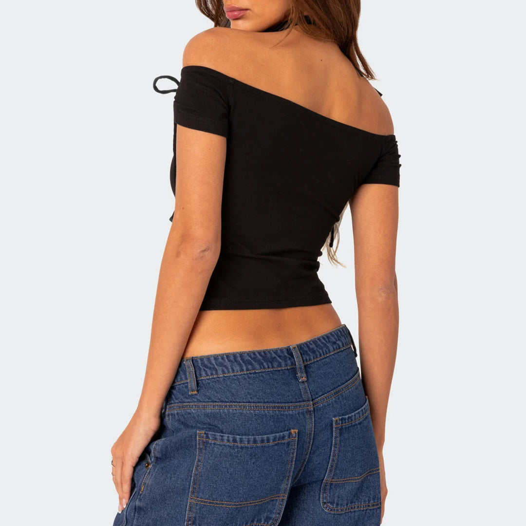 Damen raffiniertes Off-Shoulder T-Shirt mit eleganten Bindebändern Echo Archiv