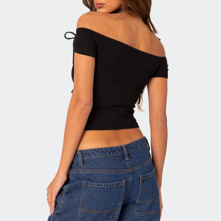 Damen raffiniertes Off-Shoulder T-Shirt mit eleganten Bindebändern Echo Archiv