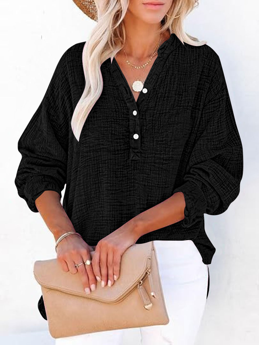 Damen Oversize Texturierte Baumwollbluse mit Henley-Knopfleiste Echoarchiv