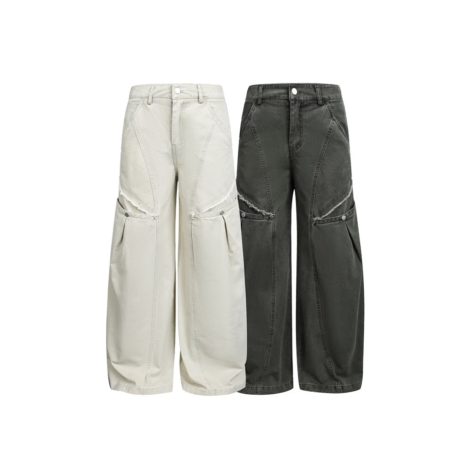 Damen Weite High‑Waist Cargo‑Hose im Vintage‑Workwear‑Look mit Aufgesetzten Taschen und Fransen-Details Echoarchiv