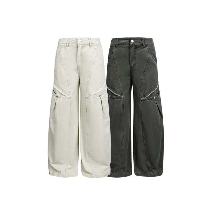 Damen Weite High‑Waist Cargo‑Hose im Vintage‑Workwear‑Look mit Aufgesetzten Taschen und Fransen-Details Echoarchiv
