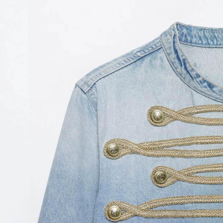 Damen Kurzer Denim-Militärblouson mit dekorativen Kordeln und Stehkragen Echo Archiv