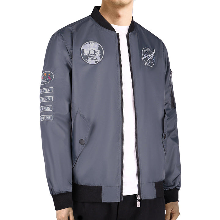 Herren  bestickte Raum-Patch glänzende Shell Bomberjacke mit bedrucktem Innenfutter und Ärmel-Reißverschluss-Nutztasche Echo Archiv