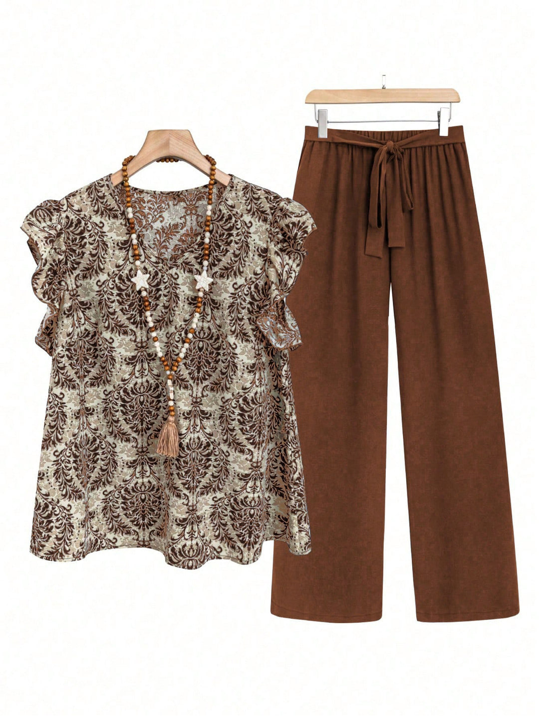 Damen Zweiteiliges Ensemble mit Rüschen-Printbluse und weitem Taillen-Hosenmodell – Élanora