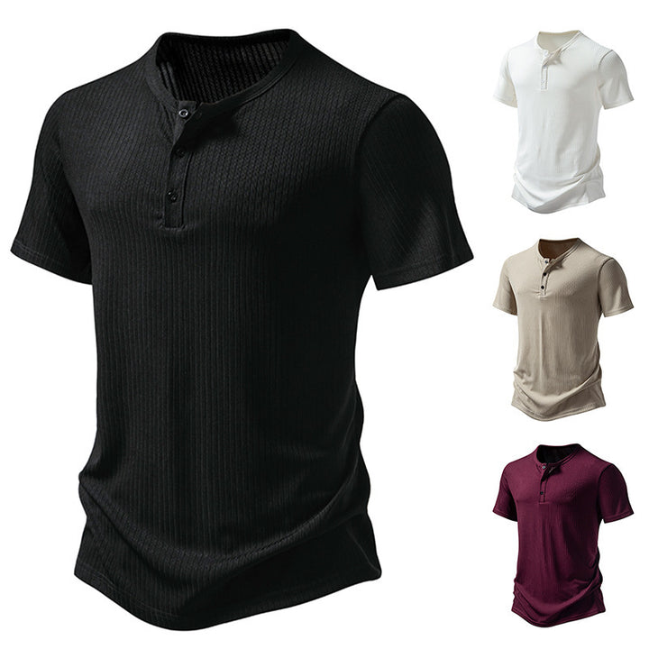 Herren stylisches Kurzarm-Henley-Shirt mit strukturiertem Design und zwei Knopf-Details Echoarchiv