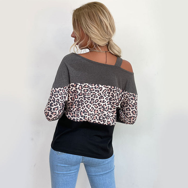Damen Legerer Off-Shoulder Pullover mit Leoparden‑Print, Kontrastblöcken und Spaghettiträger Echoarchiv
