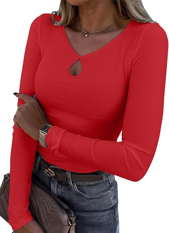 Damen Tailliertes geripptes Langarmshirt mit V-Ausschnitt und Tropfen-Cut-Out Echo Archiv