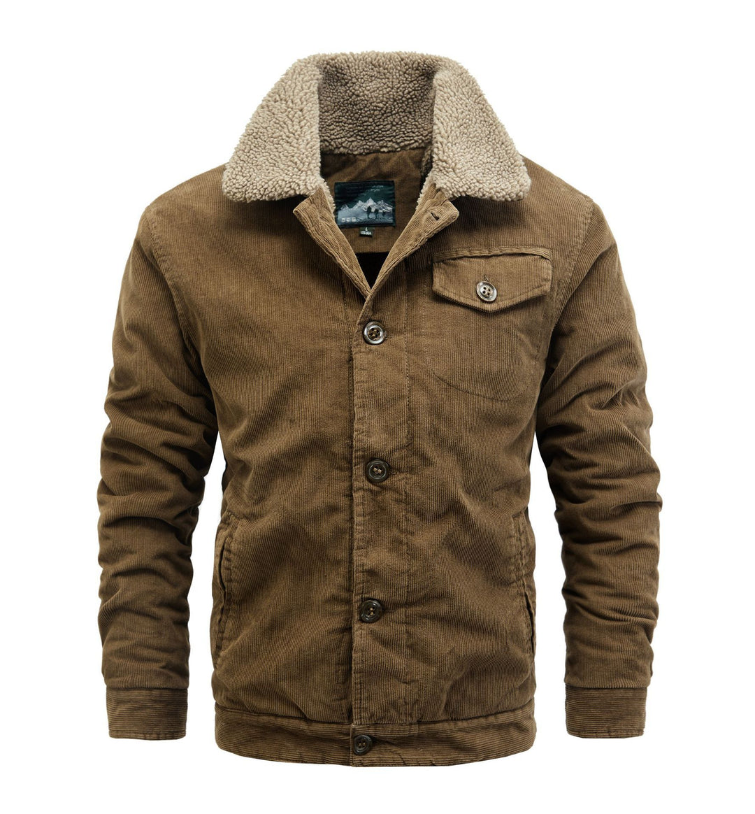 Herren Kordjacke im Truckerstil mit kuscheliger Sherpa‑Innenlage und Vintage‑Knöpfen Echoarchiv