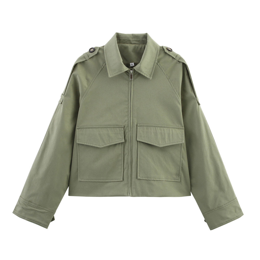 Damen kurze Utility-Blousonjacke mit aufgesetzten Klappentaschen und Epauletten – Célinea