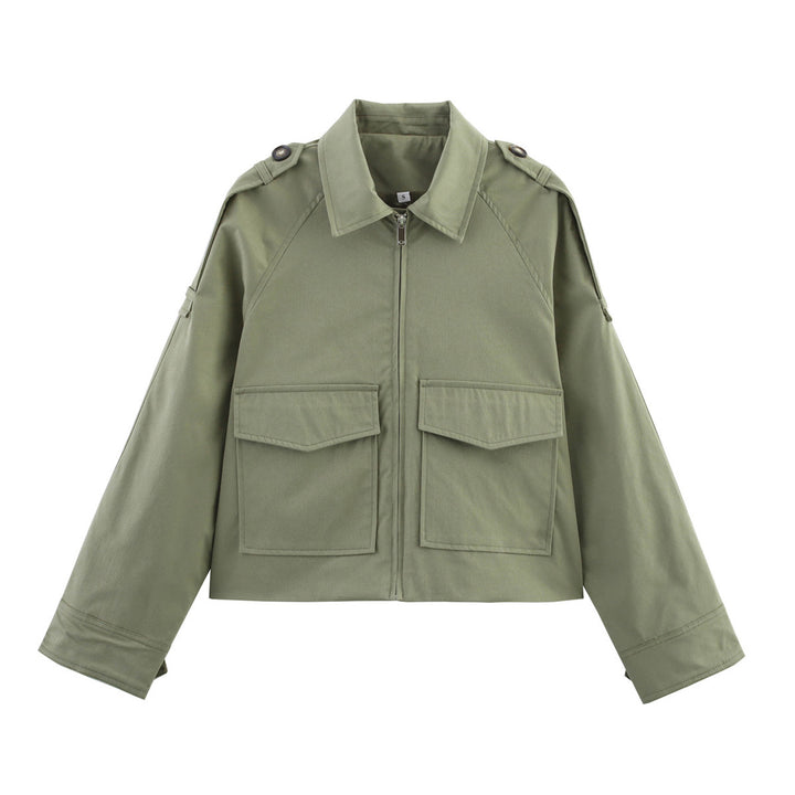 Damen kurze Utility-Blousonjacke mit aufgesetzten Klappentaschen und Epauletten – Célinea