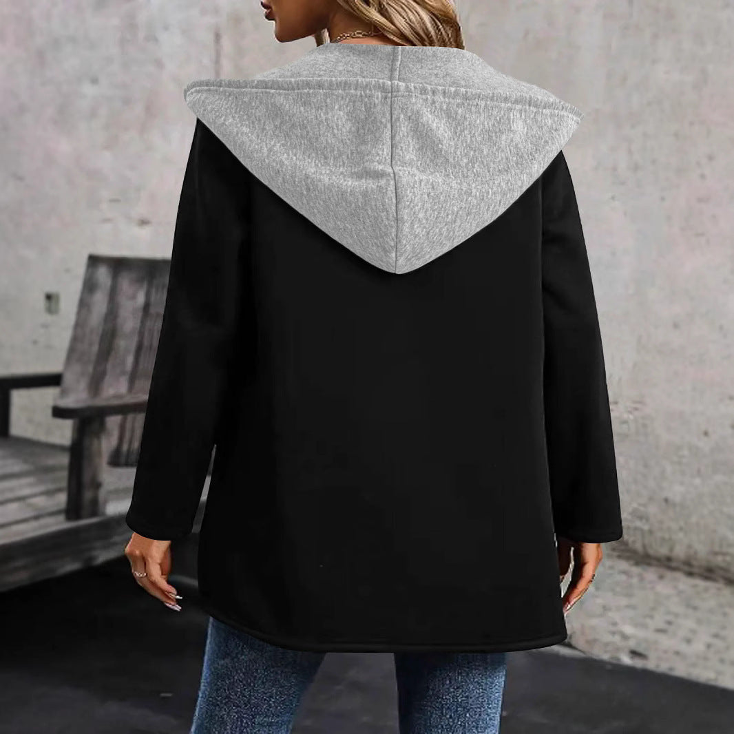 Damen Langer Kapuzen-Cardigan mit kontrastiertem Besatz, Kordelzug und Eingrifftaschen – Veloura