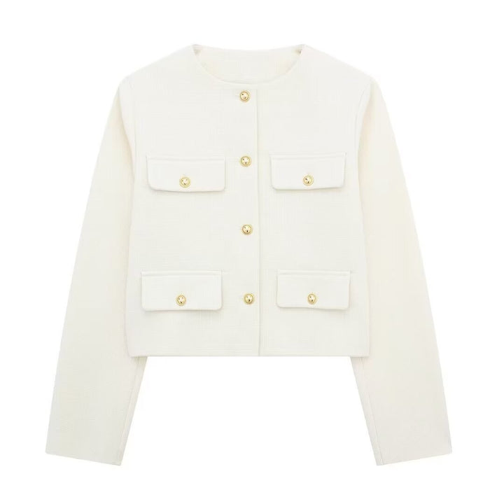 Damen Bouclé-Cropped-Jacke mit vier Pattentaschen und goldenen Schmuckknöpfen Echo Archiv