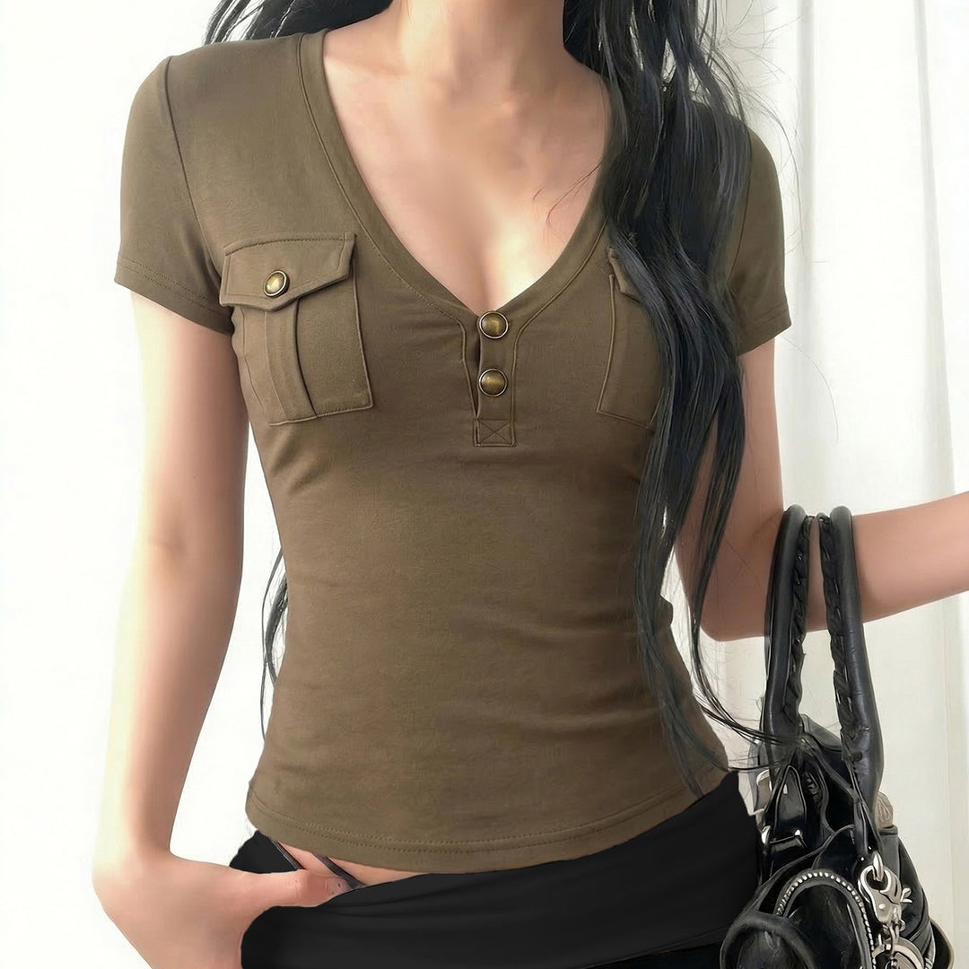 Damen Kurzarmshirt mit Knopfdetails und seitlichen Taschen Echo Archiv