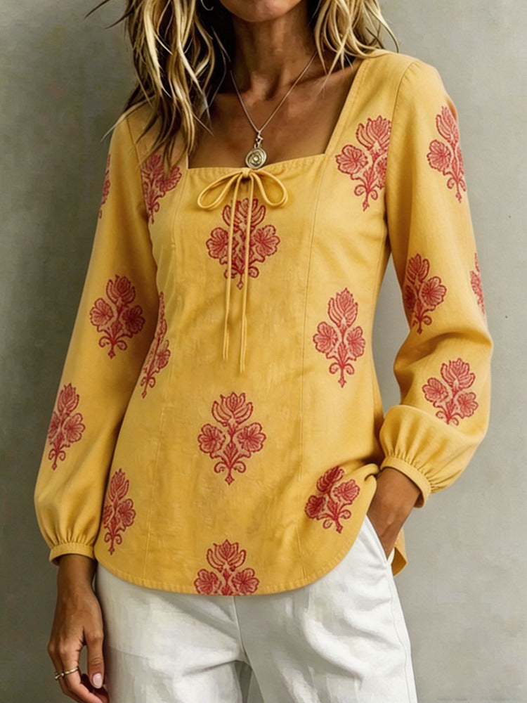 Damen Bestickte Tunika-Bluse mit quadratischem Ausschnitt und femininen Ballonärmeln – Élovi