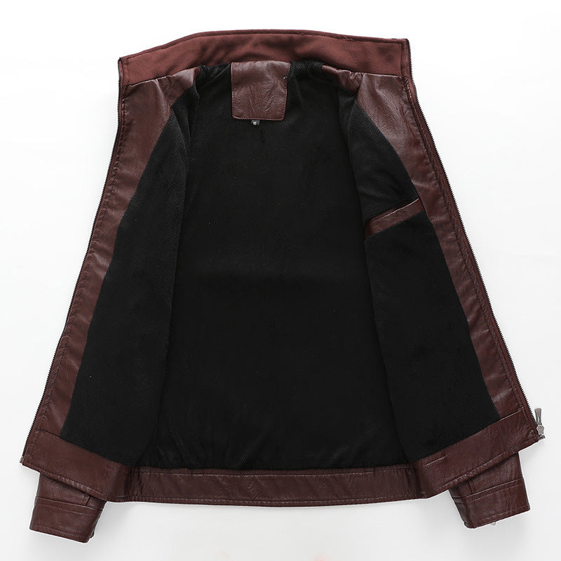 Herren Lederimitat Bikerjacke mit Stehkragen und Reißverschlusstaschen – Valtoré