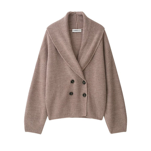 Damen Kurzgeschnittener Grobstrick-Cardigan mit Schalkragen und doppelreihiger Knopfleiste Echoarchiv
