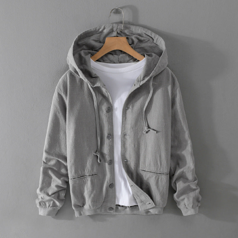 Herren Leichte Leinen-Hoodiejacke mit Knopfleiste und Kordelzug Echoarchiv