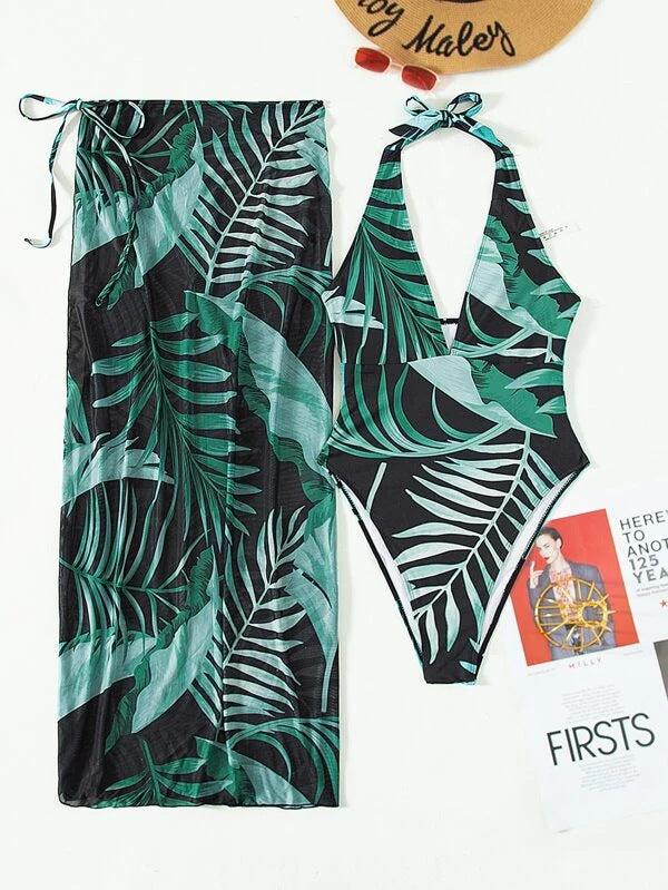 Damen Eleganter Einteiler mit blumigen Mustern und passendem Sarong Echo Archiv