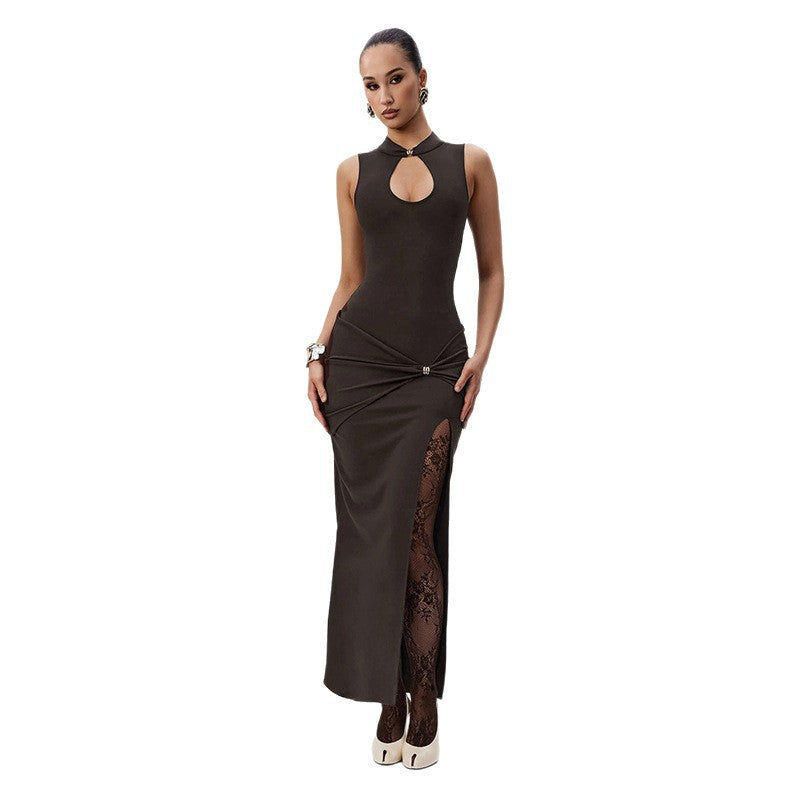 Damen Elegantes Maxikleid mit Chiffon-Rüschen und verführerischem Schlitz Echo Archiv