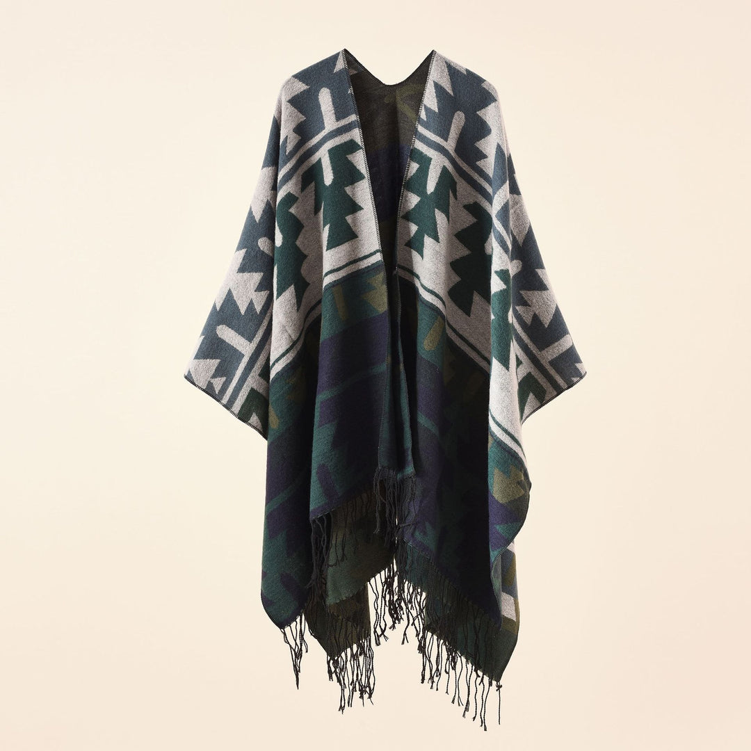 Damen Oversize-Ruana mit V‑Ausschnitt, grobem Jacquardmuster und langen Fransen Echo Archiv