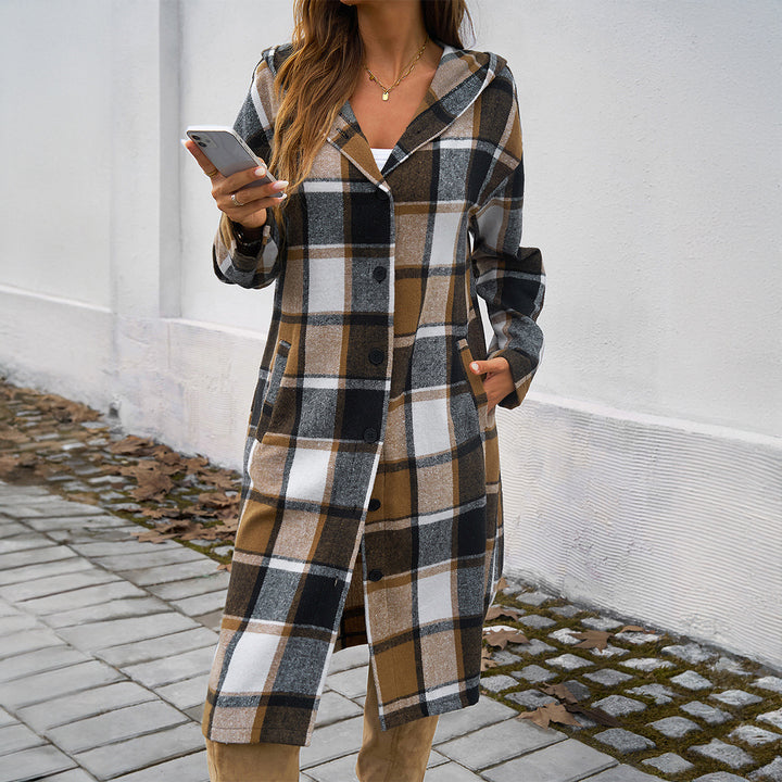 Damen nan lockeres Kapuzen-Hemdkleid mit karierter Flanelloptik, durchgehender Knopfleiste und hohem Beinschlitz Echo Archiv