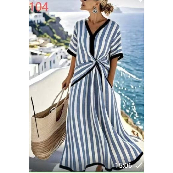 Damen Maxikleid mit V-Ausschnitt, seitlichem Knoten und Kontrastpaspeln Echoarchiv