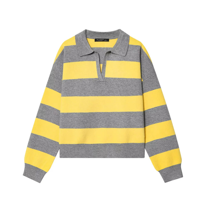 Damen nan gestreifter Rugby-Pullover mit Polokragen, V-Ausschnitt und kastiger Oversize-Silhouette Echo Archiv