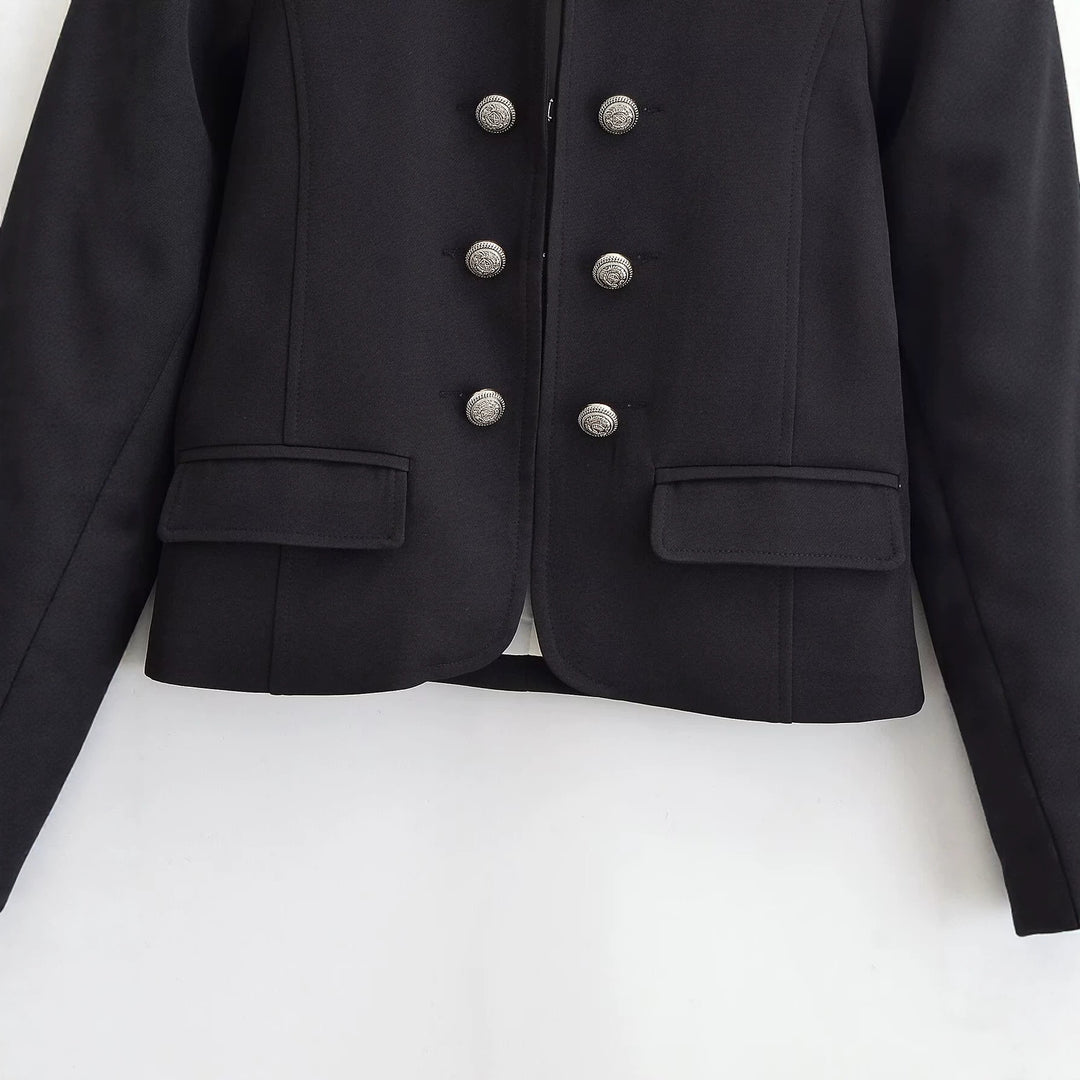 Damen Kurzer Stehkragen-Blazer mit doppelter Zierknopfleiste und Epauletten Echo Archiv