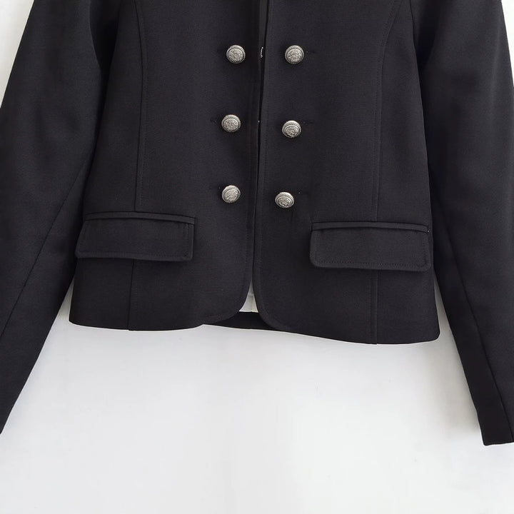 Damen Kurzer Stehkragen-Blazer mit doppelter Zierknopfleiste und Epauletten Echo Archiv