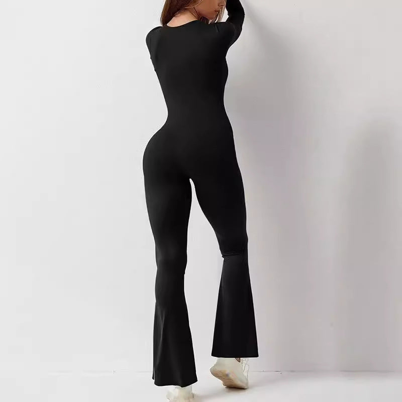 Damen nan figurbetonter Langarm-Jumpsuit mit quadratischem Ausschnitt und ausgestellter Schlaghose Echo Archiv