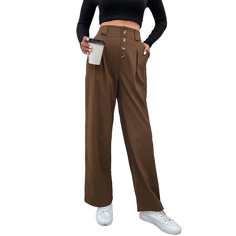 Damen Hochtaillierte weite Stoffhose mit Zierknopfleiste und Bundfalten Echoarchiv