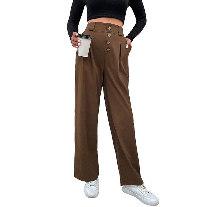 Damen Hochtaillierte weite Stoffhose mit Zierknopfleiste und Bundfalten Echoarchiv