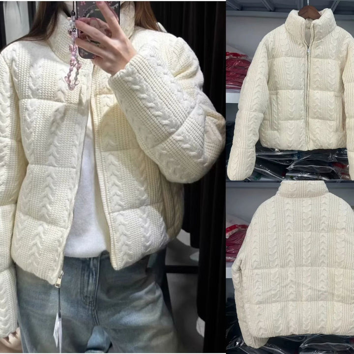 Damen gesteppte Strick‑Steppjacke mit Zopfstrick‑Optik, wattierter Thermofüllung und hohem Stehkragen – Célinea