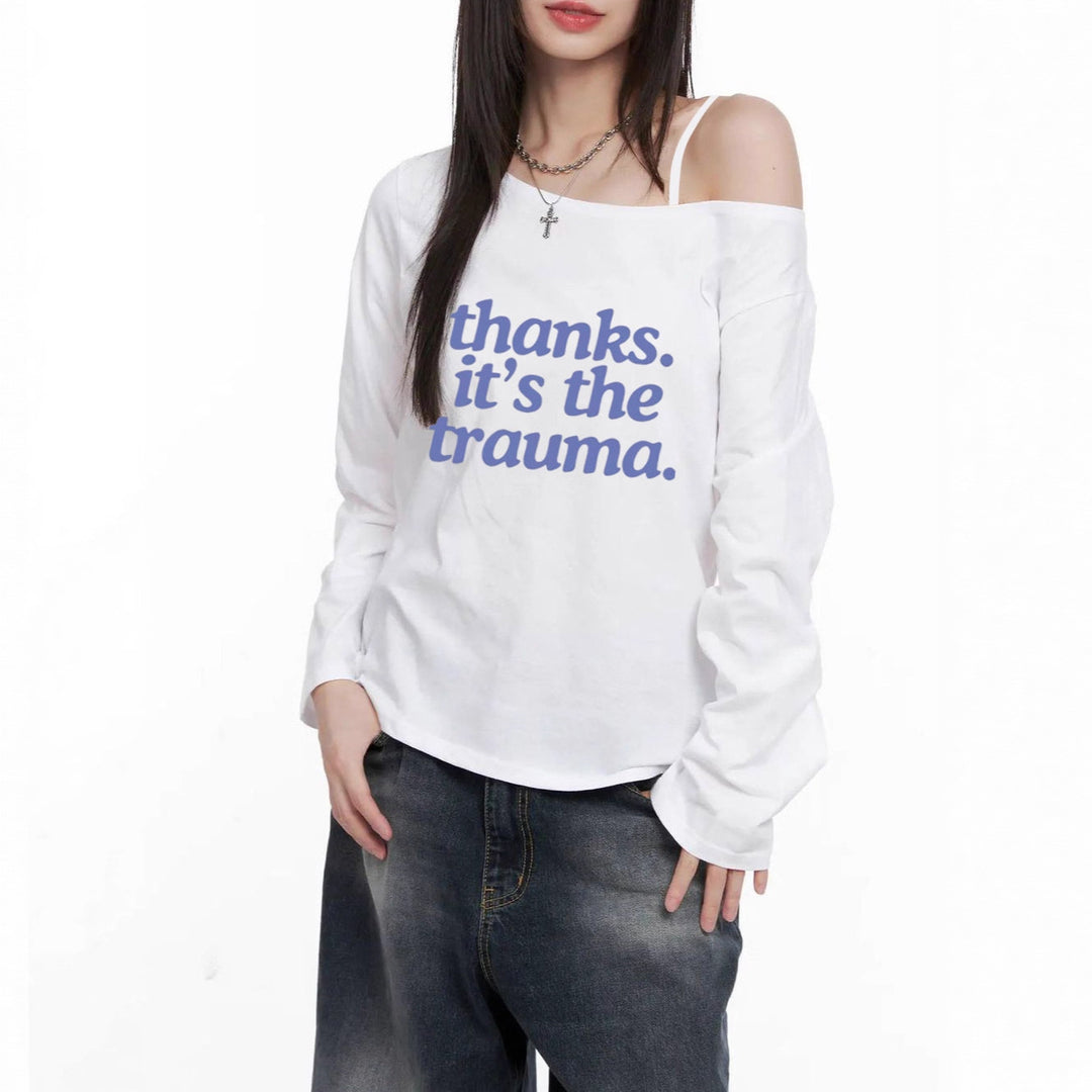 Damen Off-Shoulder Langarm-Cropshirt mit Statement-Print, asymmetrischem Ausschnitt und lockerem Oversize-Schnitt – Avérine