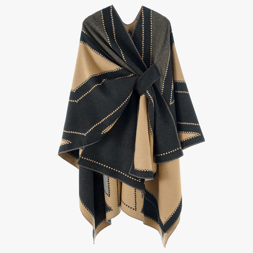 Damen Oversize-Cape aus Jacquard-Strick mit Bindeschlaufe Echo Archiv