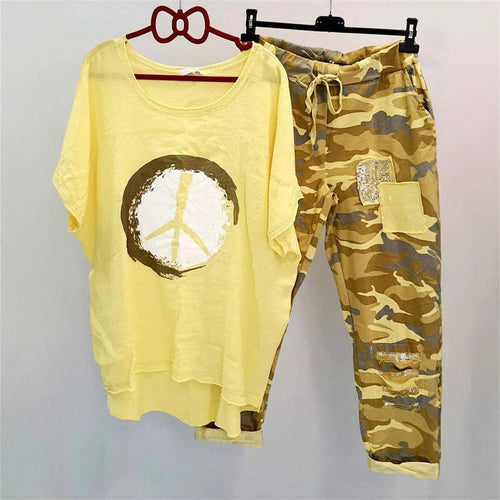 Damen nan lässiges Freizeit-Zweiteiler mit weit geschnittenem Leinenoptik-Shirt, Peace-Symbol und Camouflage-Jogpant mit Patchdetails Echo Archiv