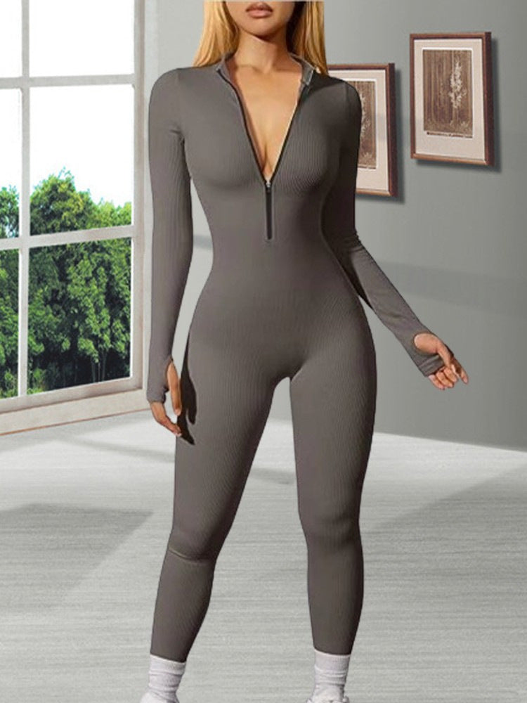 Damen nan figurbetonter Ripp-Jumpsuit mit hohem Halsausschnitt, langem Arm und sculptender Nahtführung Echo Archiv