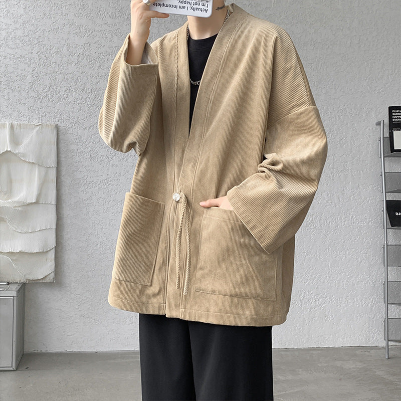 Herren nan oversized Cord-Kimono-Cardigan mit Kordelzug, aufgesetzten Taschen und Tropfenärmeln Echo Archiv
