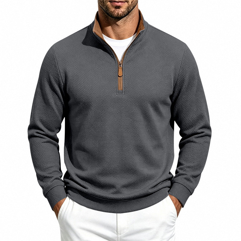 Herren Waffelstruktur-Halbzip-Sweatshirt mit Stehkragen, Kontrastfutter und Lederzipper Echoarchiv