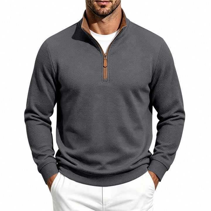Herren Waffelstruktur-Halbzip-Sweatshirt mit Stehkragen, Kontrastfutter und Lederzipper Echoarchiv