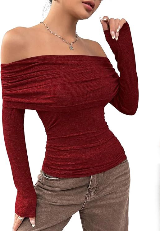Damen Schulterfreies Ripp-Longsleeve mit weitem Umschlagkragen und taillierter Silhouette – Avérine
